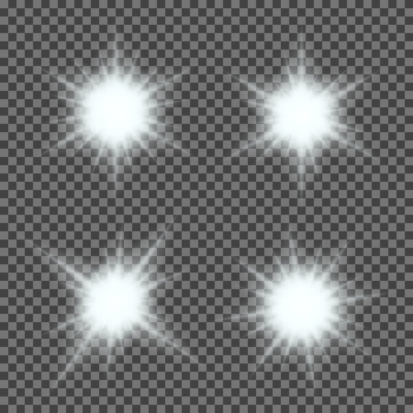 Vector set of glowing light bursts with sparkles on transparent background