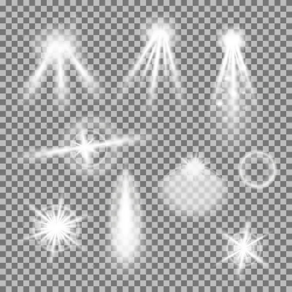 Векторный набор светящихся световых вспышек с блестками на прозрачном фоне — стоковый вектор