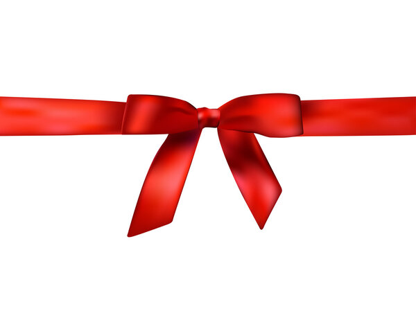 Holiday background with realistic shiny red satin gift bow and ribbon