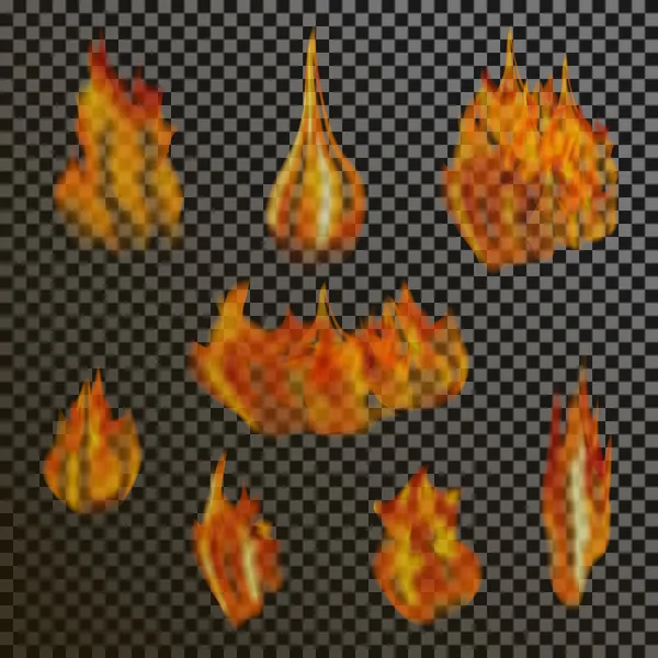 Set di fiamme di fuoco trasparenti realistiche su uno sfondo a griglia bianco nero plaid — Vettoriale Stock