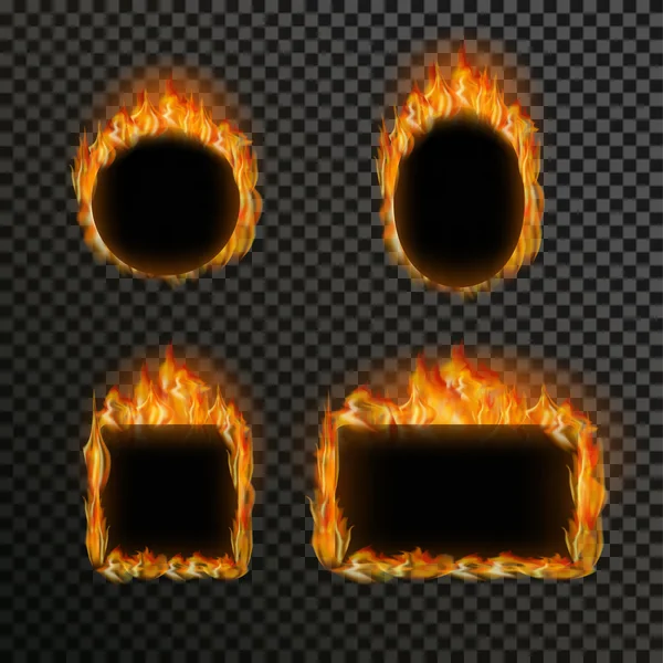 Conjunto de llamas de fuego transparentes realistas sobre un fondo de rejilla blanco negro a cuadros — Vector de stock