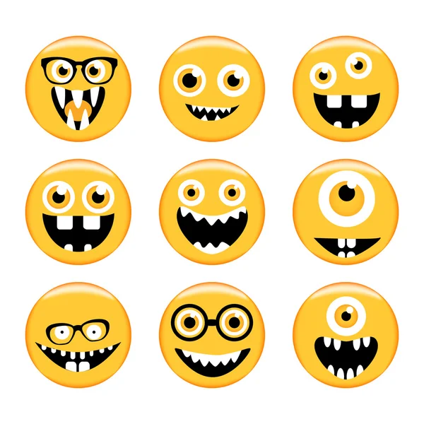 Sor hangulatjelek. Emoji. Monster arcok a szemüveg a különböző kifejezések — Stock Vector