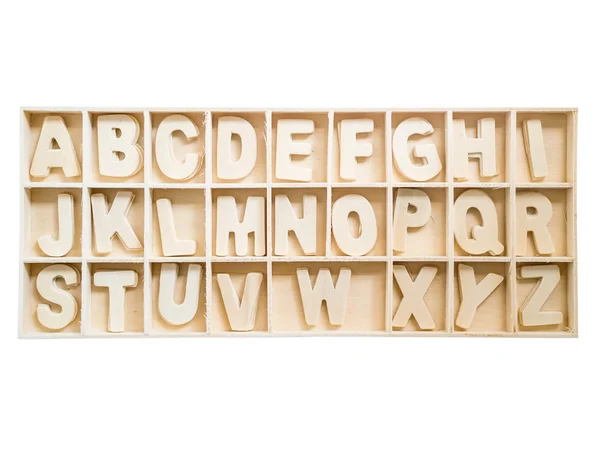 Isolated set of wooden A to Z alphabet in the box — Stock Photo, Image