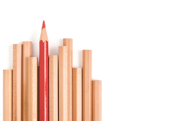 Isolated red colored pencil stand out of other brown pencils — Stock Photo, Image