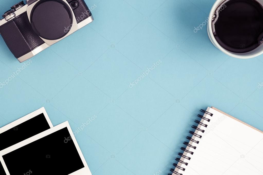 Top View Camera Coffee Notepad Photo Frames On Blue Backgroun Stock Photo By C Jpanudda 113980166