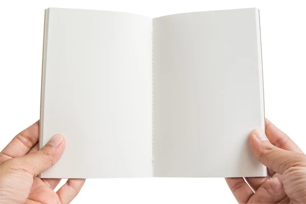Las manos de una mujer aislada sostienen un cuaderno vacío abierto —  Fotos de Stock