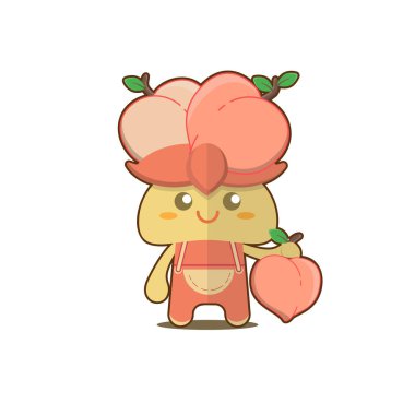 Şeftali maskotu çizimi, sol elinde şeftali var.