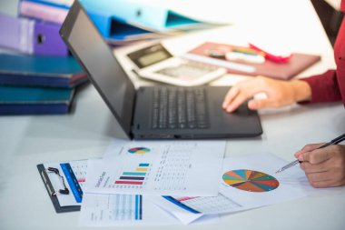 İnternette finansal bilgi ararken ya da iş planlarken dizüstü bilgisayarın önünde genç iş kadını analisti