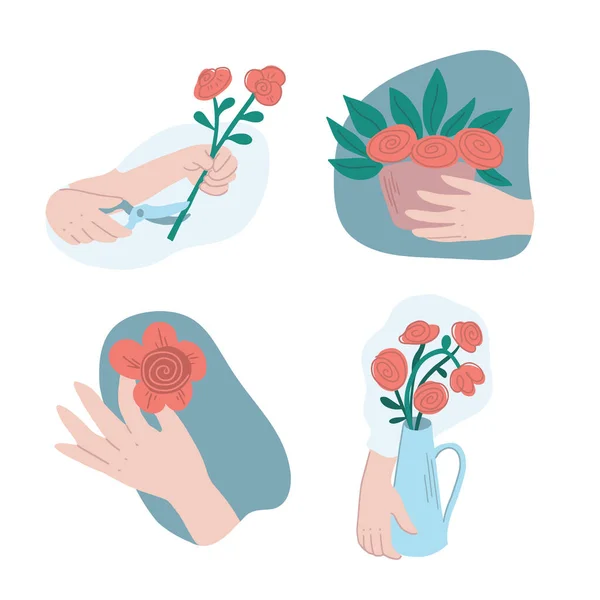 Set of hands creating and holding flower compositions — Stock Vector