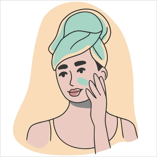 Γυναίκα εφαρμογή κρέμα στο πρόσωπό της — Διανυσματικό Αρχείο