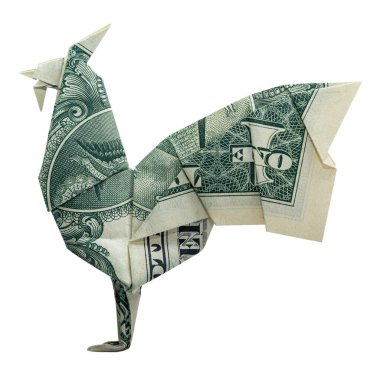 Para Origami ROOSTER Beyaz Arkaplanda İzole Edilmiş Gerçek Bir Dolarlık Fatura ile Katlandı