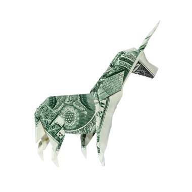 Para Origami UNICORN Beyaz Arkaplanda İzole Edilmiş Gerçek Bir Dolar Tasarısı ile Katlandı