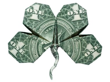 Para Origami Büyük Dört Yaprak Clover Beyaz Arkaplanda İzole Edilmiş Gerçek Bir Dolarlık Fatura ile Katlandı