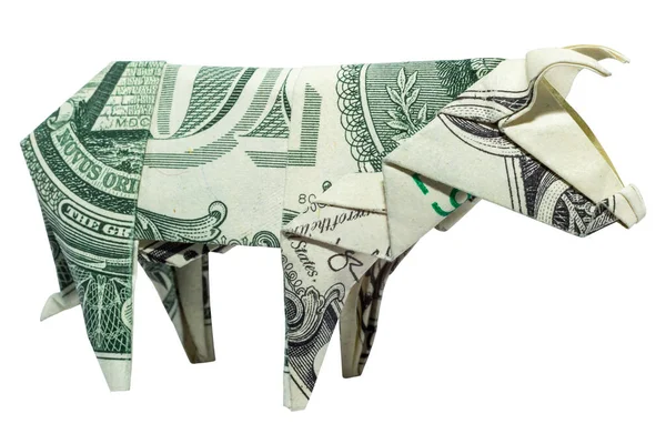 Denaro Origami Cow Piegato Con Dollaro Reale Bill Isolato Sfondo — Foto Stock