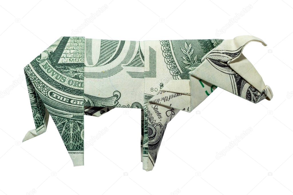 Money Origami Profile View of COW Right Side Folded with Real One Dollar Bill Isolated on White Background