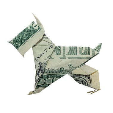 Para Origami Mini SCHNAUZER Beyaz Arkaplanda İzole Edilmiş Gerçek Bir Dolarla Katlanmış
