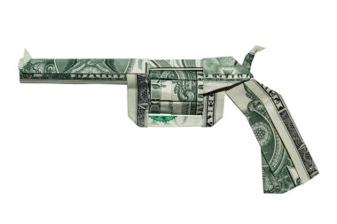 Para Origami REVOLVER Silahı, Beyaz Arkaplanda izole edilmiş 3 Gerçek Bir Dolarlık Fatura ile Katlandı