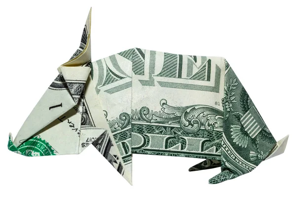 Гроші Орігамі Bunny Складений Кролик Справжнім Доларом Біллом Ізольовано Білому — стокове фото