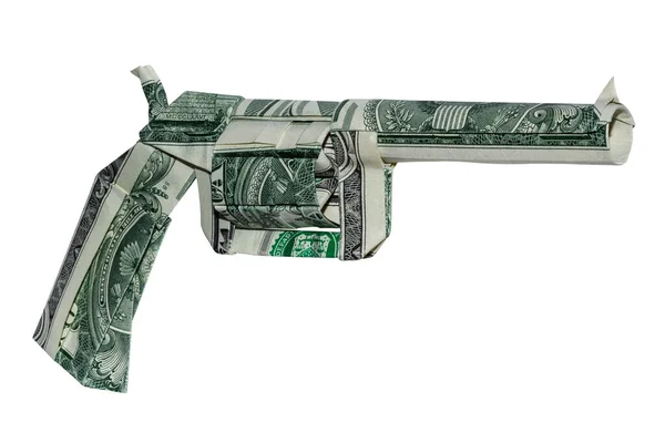 Pieniądze Origami Revolver Pistolet Złożony Prawdziwy Dolar Bills Izolowane Białym — Zdjęcie stockowe