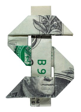 Para Origami Gri DOLLAR İŞARETİ Beyaz Arkaplanda İzole Edilmiş Gerçek Bir Dolar Yasa Tasarısı ile Katlandı