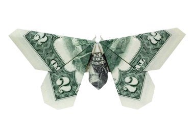 Para Origami Yeşil Kelebeği Beyaz Arkaplanda İzole Edilmiş Gerçek İki Dolar ile Katlandı