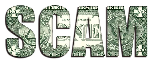 Scam Concept Word Textura Dinheiro Notas Dólar Americano Fundo Branco — Fotografia de Stock