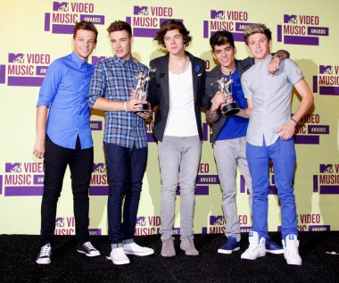 LOS ANGELES, CA, USA - SEPTEMBER 06, 2012: Niall Horan, Liam Payne, Harry Styles, Louis Tomlinson, and Zayn Malik of One Direction at the 2012 MTV Video Music Awards held at the Staples Center in Los Angeles.