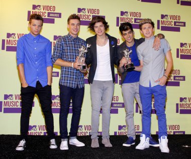 LOS ANGELES, CA, USA - SEPTEMBER 06, 2012: Niall Horan, Liam Payne, Harry Styles, Louis Tomlinson, and Zayn Malik of One Direction at the 2012 MTV Video Music Awards held at the Staples Center in Los Angeles.