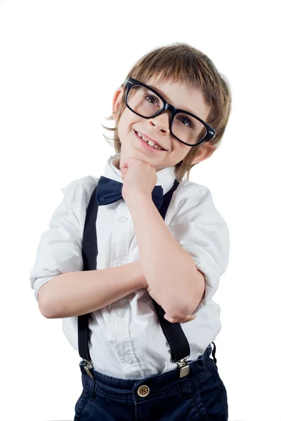 Chlapec s brýlemi, myšlení — Stock fotografie