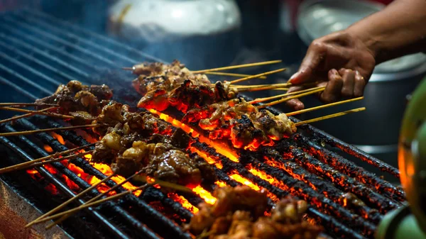 Hand Hold Chicken Beef Satay Grill — Stock Photo, Image