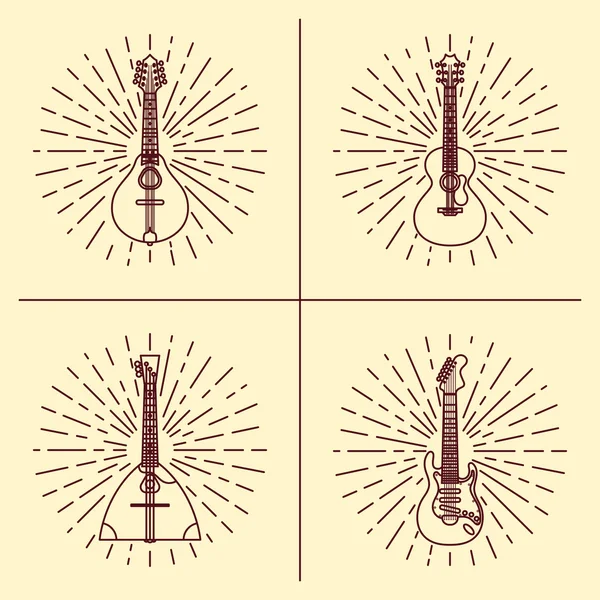 Saiteninstrument-Logo-Set. Vektor-Illustration im Vintage-Stil. Vektor Clip Art. Retro-Designelement für Verpackungen von Musikgeschäften, Studio- oder T-Shirt-Design. — Stockvektor