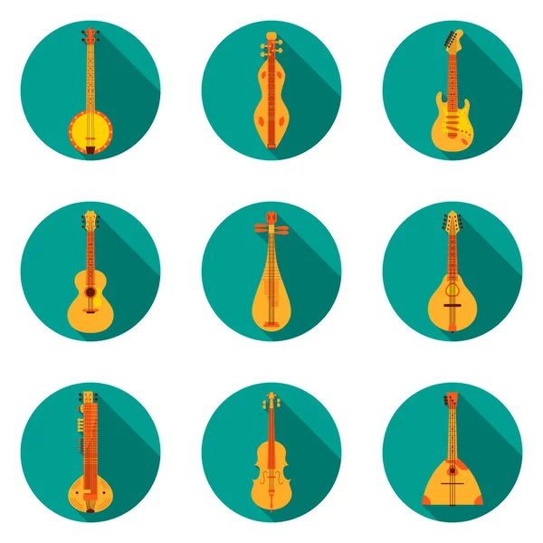 Klassieke muziekinstrumenten platte pictogrammen vector illustratie. Platte ontwerp illustratie met verschillende iconen van instrumenten: banjo, dulcimer, elektrische gitaar, akoestische gitaar, luit, mandoline, sitar enz. Rechtenvrije Stockvectors