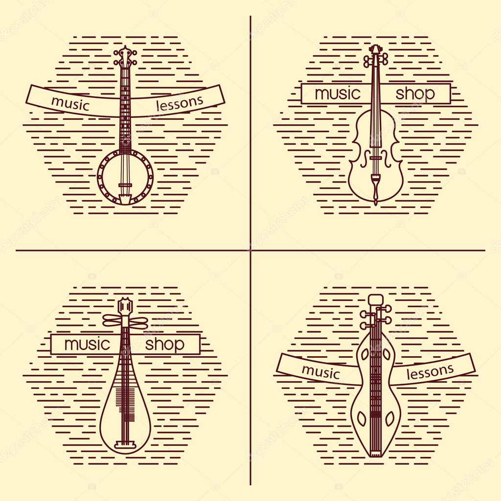 String music instrument logo set. Vintage styled vector illustration. Vector clip art. Retro design element for music store packaging, studio or t-shirt design.