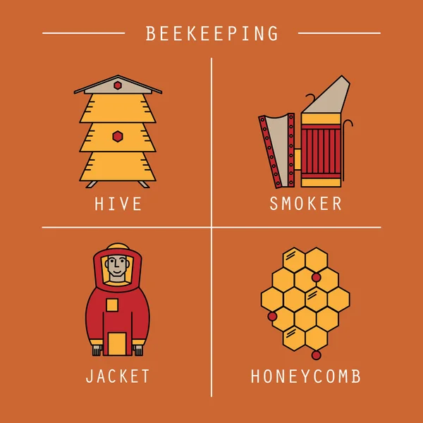 Honing en bijenteelt kleurrijke iconen met Bijenkorf, roker, beschermende jas en honingraat. Vector illustratie. Vectorbeelden