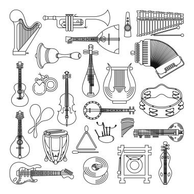 Müzik aleti çizgi vektör çizim. Müzik afiş.