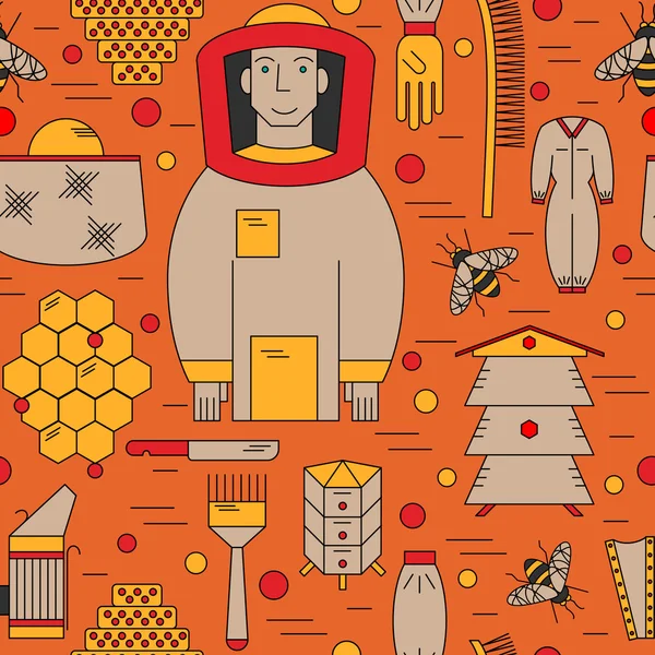 Desenhos animados padrão de apicultura sem costura colorido com abelhas, favo de mel, roupas de proteção, ferramentas e colmeias em estilo de linha. Ilustração vetorial . —  Vetores de Stock