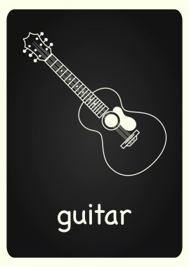 Acoustic guitar vector image on chalkboard. Musical instrument poster. Black and white picture. EPS