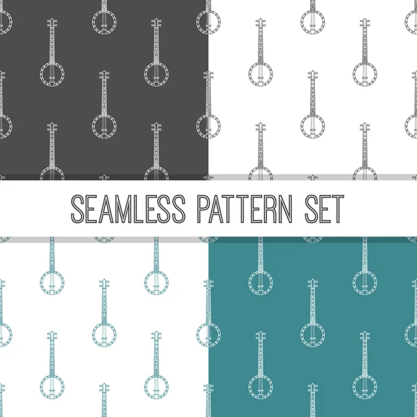 Four seamless patterns in different color solutions. Music background with banjo vector illustration. — Stok Vektör