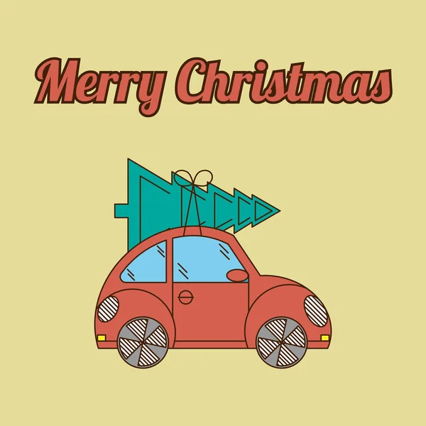 Merry Christmas card. A beetle-car delivering a christmas tree to decorate the house. Colorful vector illustration for winter holidays. — Stockový vektor