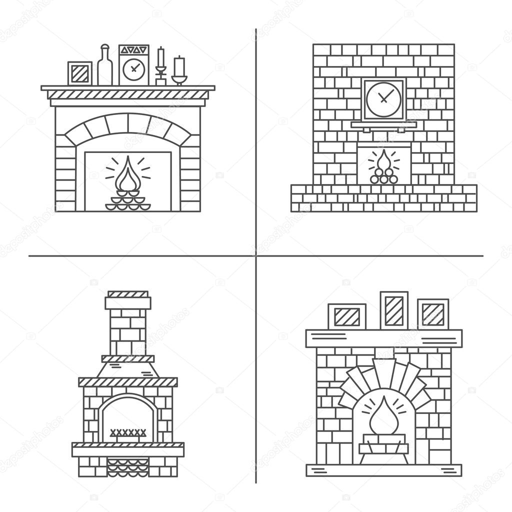 Four Diffe Fireplaces Stock Vector, Line Drawings Of Fireplaces