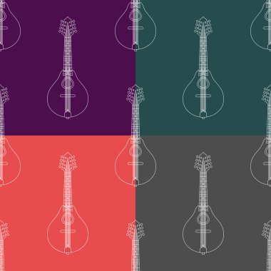 Seamless vector pattern with mandolin illustration on different colored background.