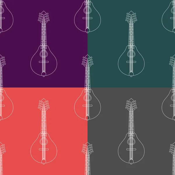 Patrón vectorial sin costuras con ilustración de mandolina sobre fondo de diferentes colores . — Vector de stock