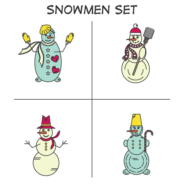 Winter mood illustration. Set of four colorful snowmen. Line vector icons. Elements for your design. Art for print. — Stockový vektor