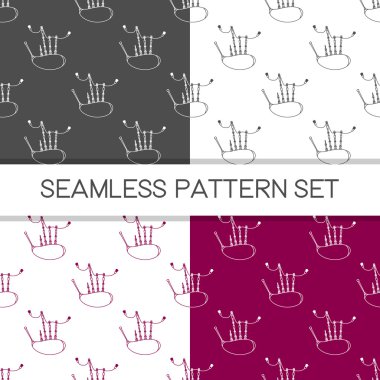 Four seamless vector patterns in different colors. Music background with bagpipes vector outline illustration. Design element for music store or studio packaging or t-shirt design. clipart