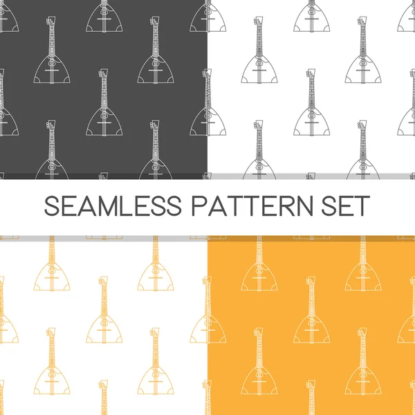 Four seamless vector patterns in different color solutions. Music background with balalaika vector outline illustration. Design element for music store or studio packaging or t-shirt design. — 图库矢量图片