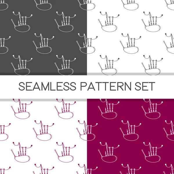 Four seamless vector patterns in different colors. Music background with bagpipes vector outline illustration. Design element for music store or studio packaging or t-shirt design. — ストックベクタ