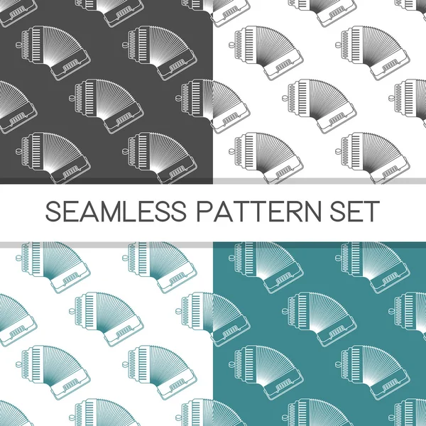 Four seamless vector patterns in different colors. Music background with accordion vector outline illustration. Design element for music store or studio packaging or t-shirt design. — 图库矢量图片