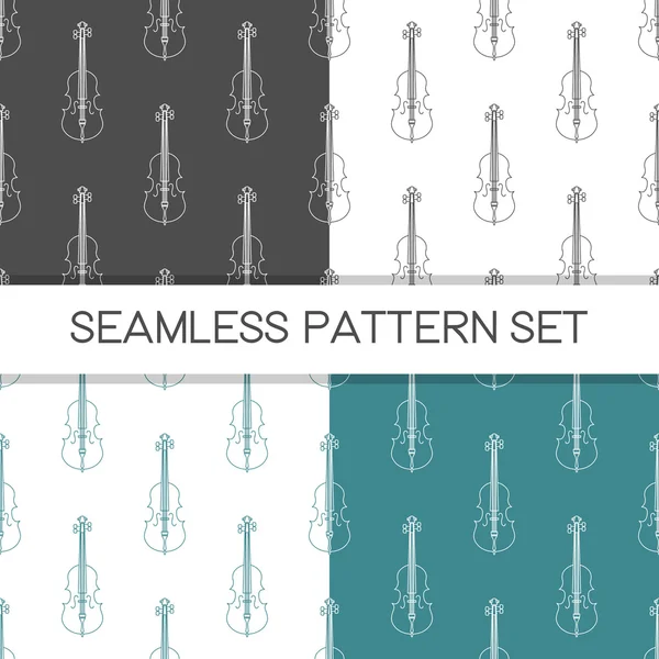 Four seamless vector patterns in different colors. Music background with violin vector outline illustration. Design element for music store or studio packaging or t-shirt design. — Stockvector