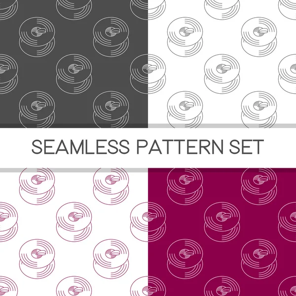 Four seamless vector patterns in different colors. Music background with cymbal vector outline illustration. Design element for music store or studio packaging or t-shirt design. — Stockvector
