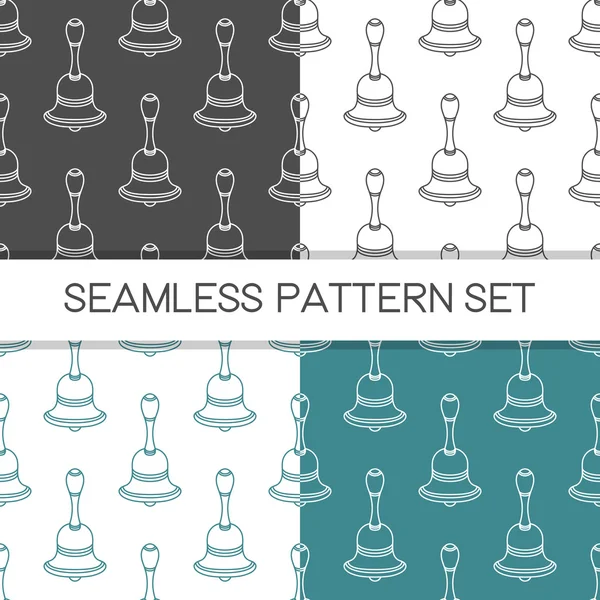 Four seamless vector patterns in different colors. Music background with hand bell vector outline illustration. Design element for music store or studio packaging or t-shirt design. — Stockvector